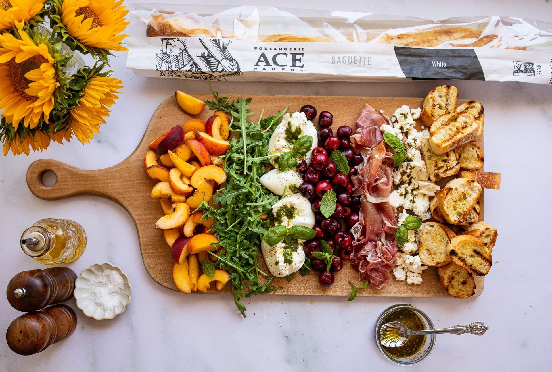Summer Burrata Grazing Board with Grilled ACE Bakery Baguette