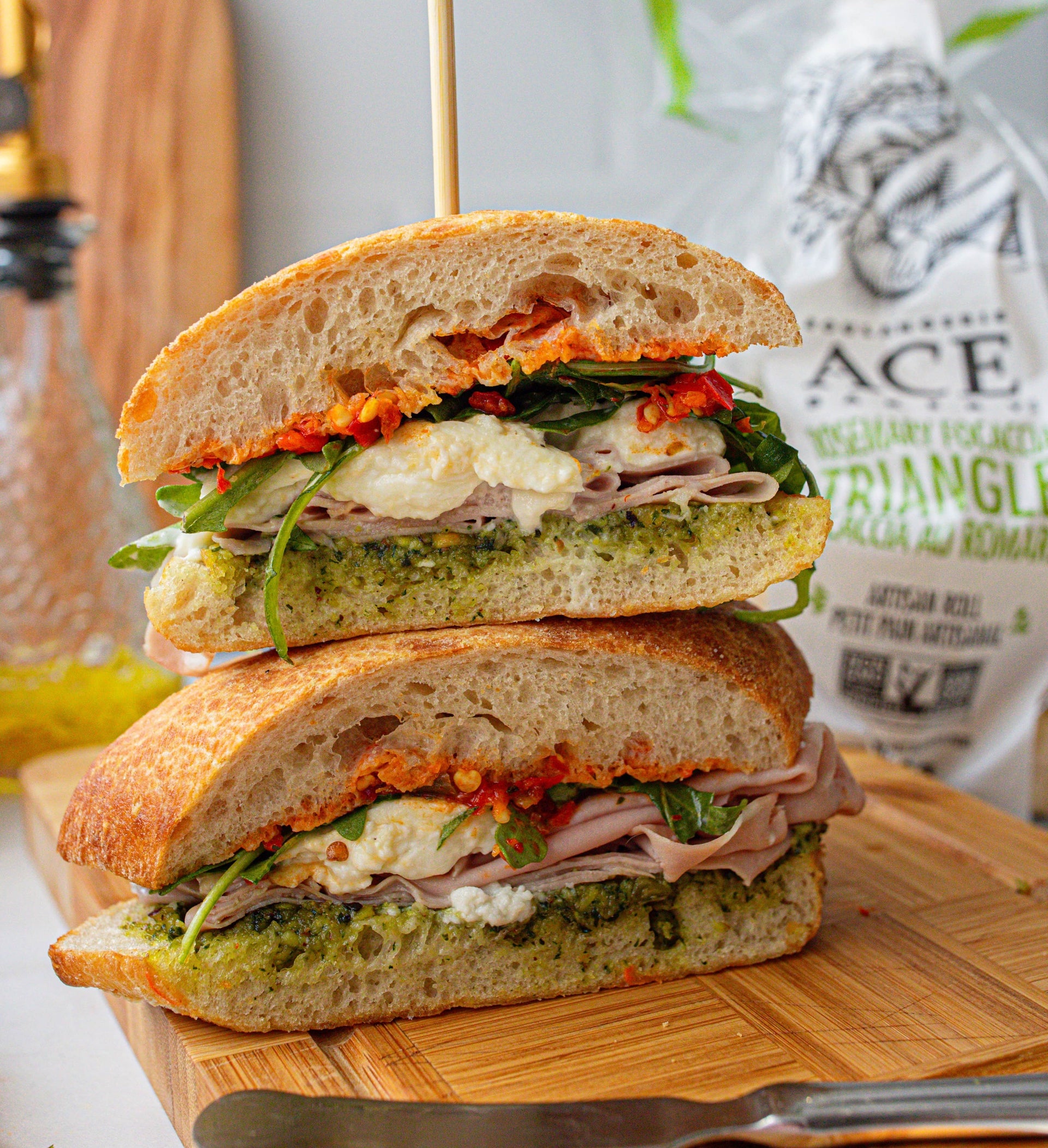Mortadella, Pistachio Pesto & Burrata Sandwich on Ace® Focaccia