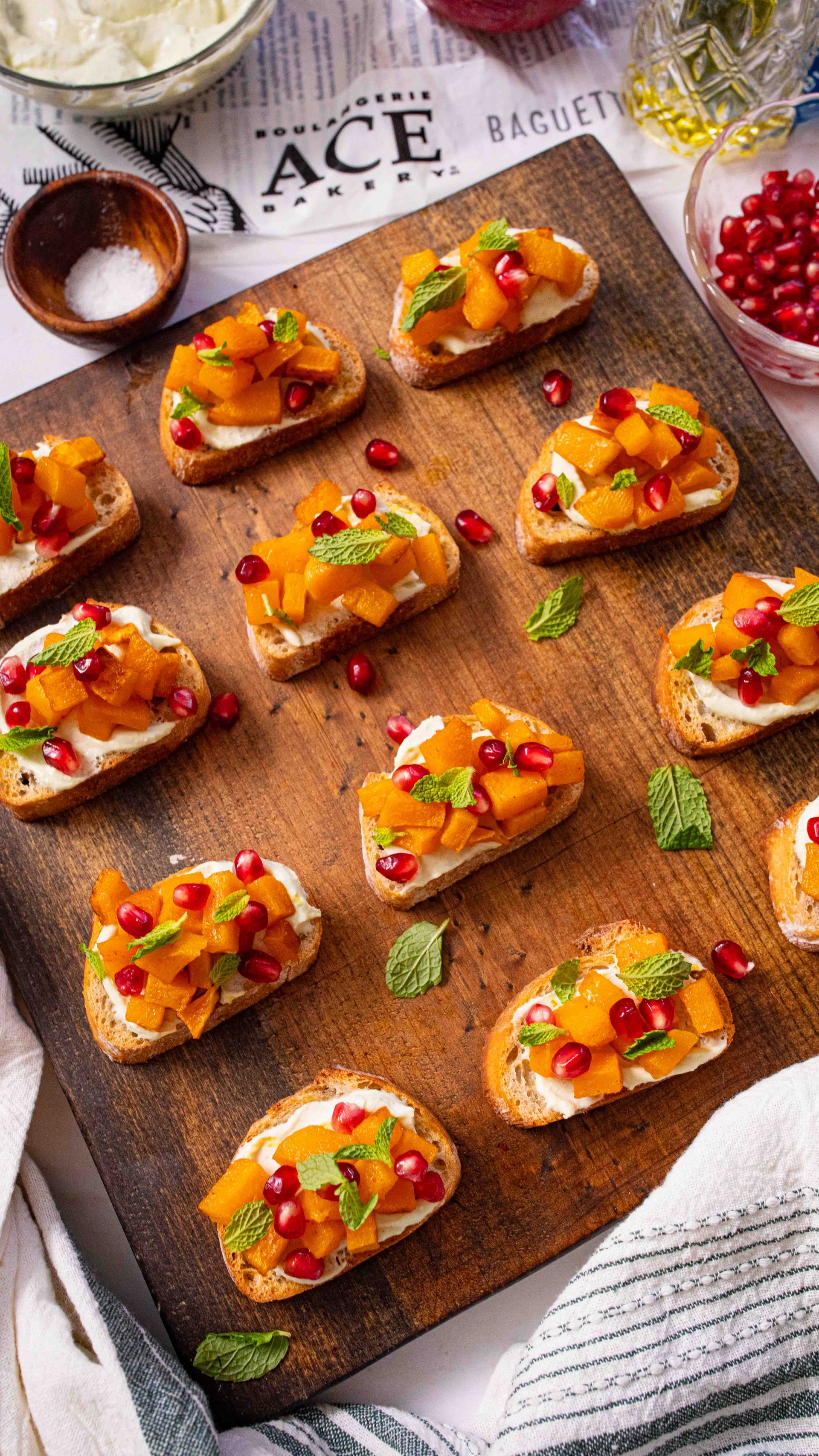 Butternut Squash Crostini with Whipped Feta, Pomegranate & Mint