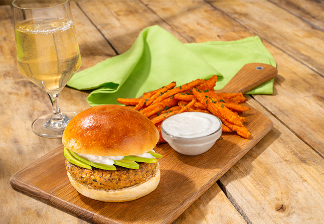 White Bean, Sweet Potato and Avocado Burgers with Roasted Garlic Cream