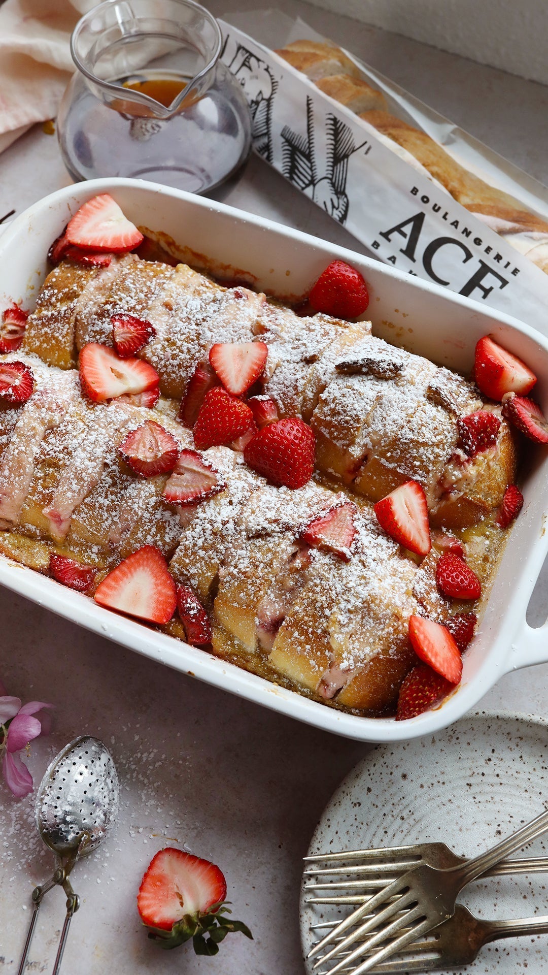 Strawberries and Cream Stuffed French Toast Bake